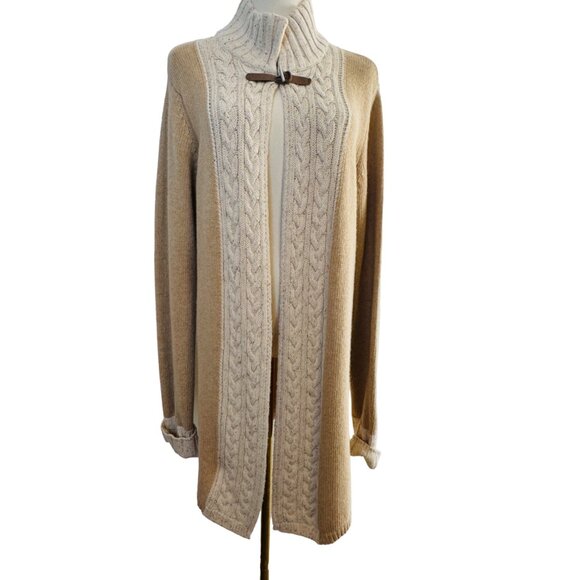 A.IDA Cable Knit Oatmeal Beige Long Cardigan L Open Front Toggle Closure Sweater - Picture 3 of 10